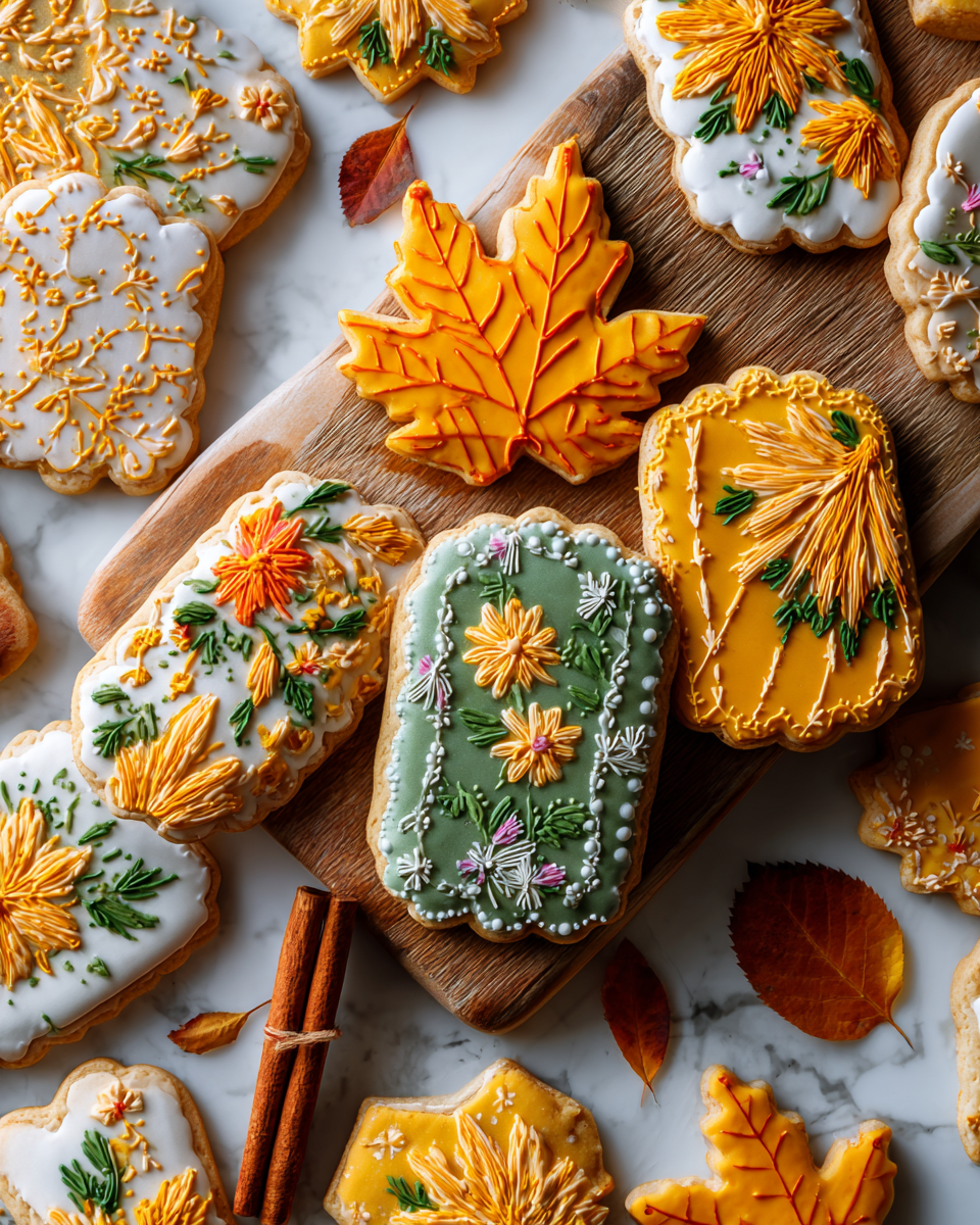 Biscotti di Zucchero Cuciti per Festeggiare l'Autunno Biscotti di zucchero cuciti decorati per le festività autunnali in Italia.