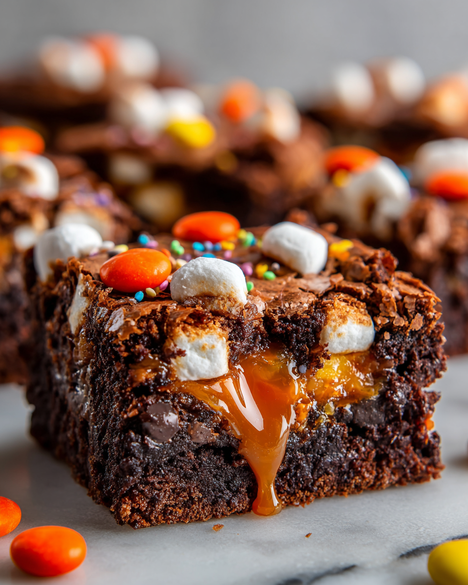 Brownie Fantasmi al Caramello e Marshmallow per Halloween Brownies al caramello e marshmallow decorati per Halloween, dolci e golosi, perfetti per feste.