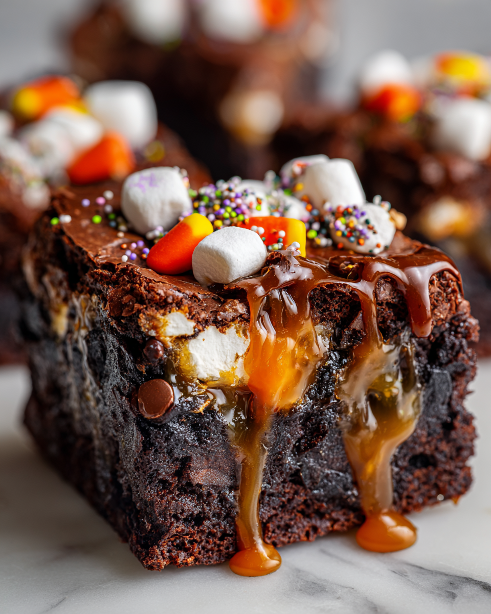 Brownie Fantasmi al Caramello e Marshmallow per Halloween Brownies al caramello e marshmallow decorati per Halloween, dolci e golosi, perfetti per feste.