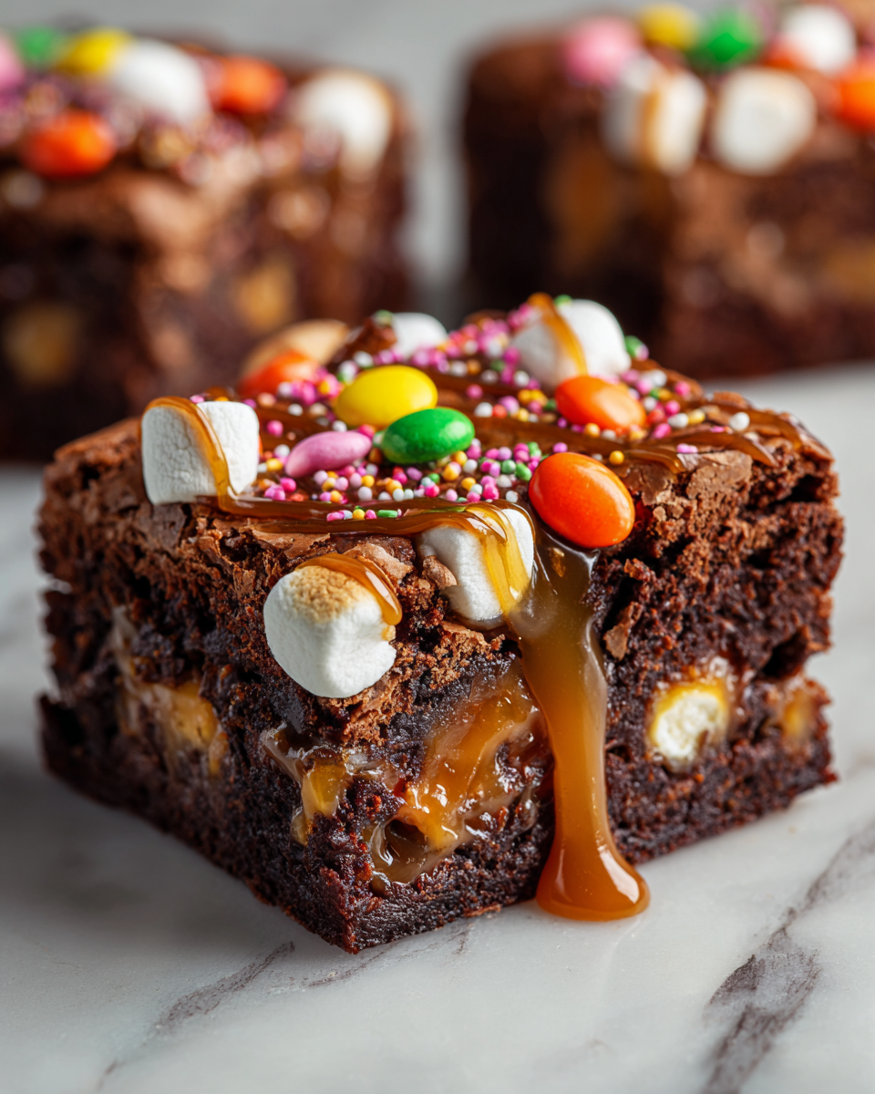 Brownie Fantasmi al Caramello e Marshmallow per Halloween Brownies al caramello e marshmallow decorati per Halloween, dolci e golosi, perfetti per feste.