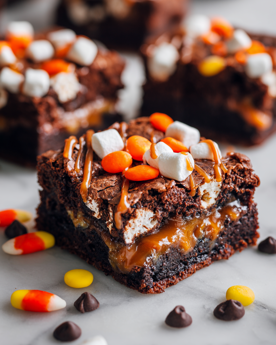 Brownie Fantasmi al Caramello e Marshmallow per Halloween Brownies al caramello e marshmallow decorati per Halloween, dolci e golosi, perfetti per feste.