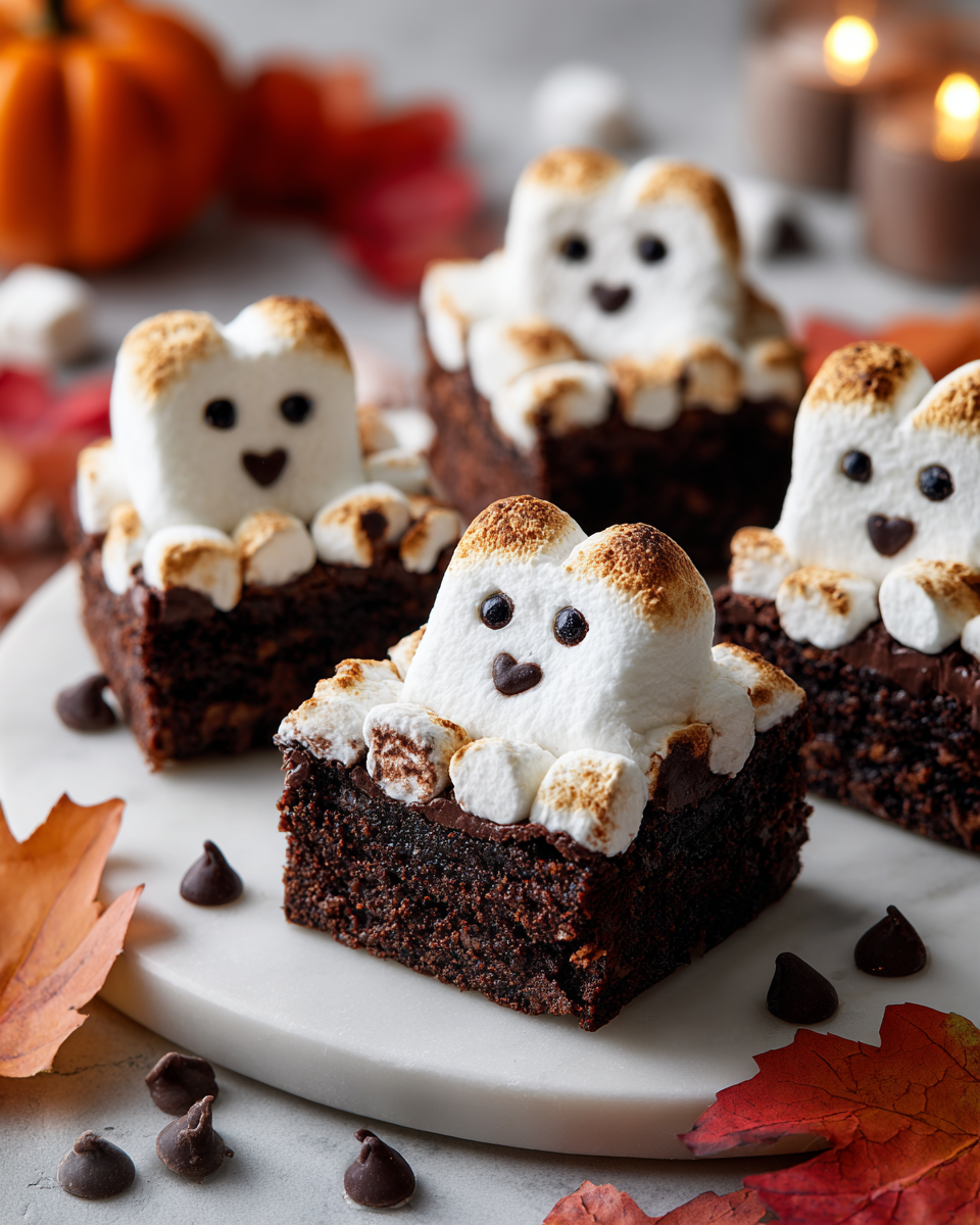 Deliziose Brownies Fantasma per Halloween Brownies Fantasma di Marshmallow decorati per Halloween, dolcetto festivo semplice e delizioso.