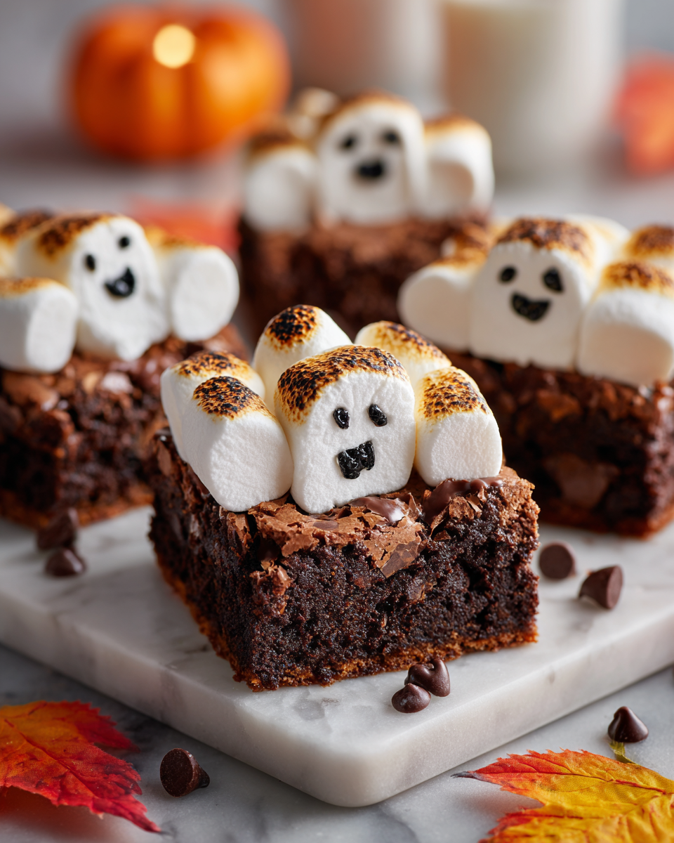 Deliziose Brownies Fantasma per Halloween Brownies Fantasma di Marshmallow decorati per Halloween, dolcetto festivo semplice e delizioso.