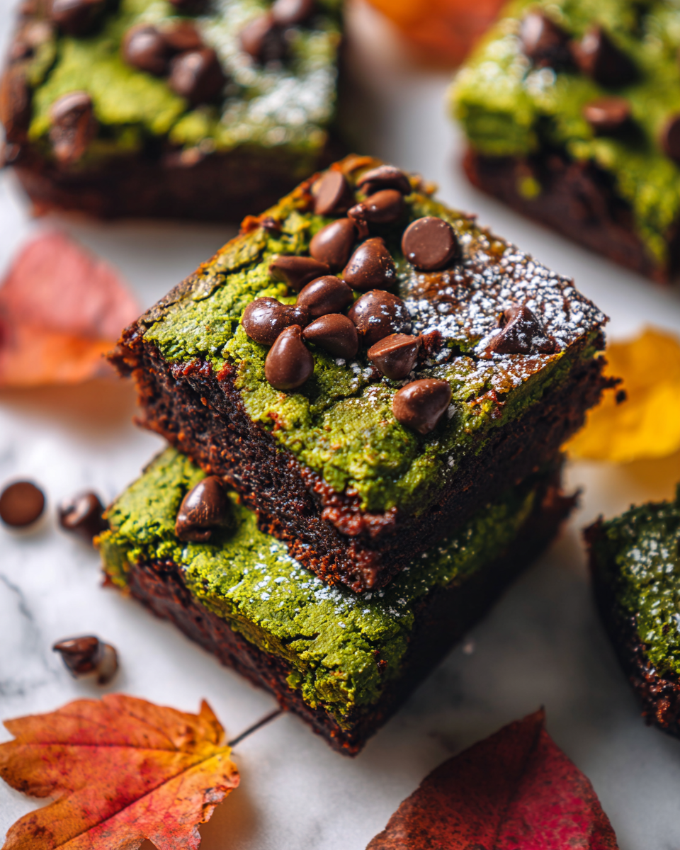 Deliziosi Brownies Green Monster con Spinaci Brownies Green Monster al cioccolato con spinaci fresca, dessert sorprendente e nutriente.