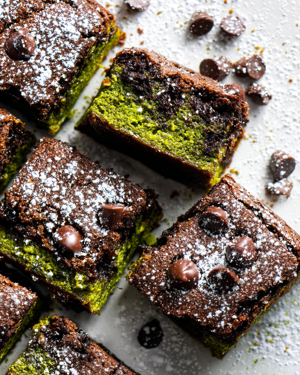 Deliziosi Brownies Green Monster con Spinaci Brownies Green Monster al cioccolato con spinaci fresca, dessert sorprendente e nutriente.