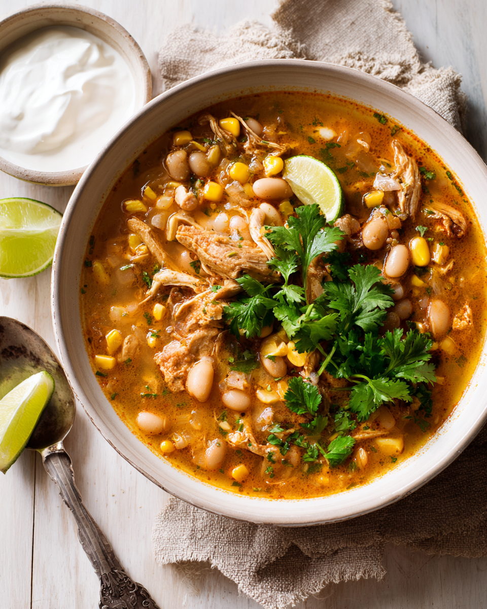 Chili di pollo e fagioli bianchi in una ciotola, piatto autunnale accogliente e sano