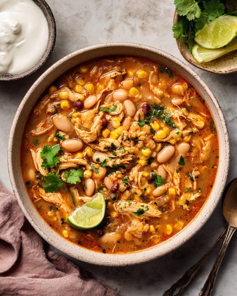 Chili di Pollo e Fagioli Bianchi Riscaldante Chili di pollo e fagioli bianchi in una ciotola, piatto autunnale accogliente e sano
