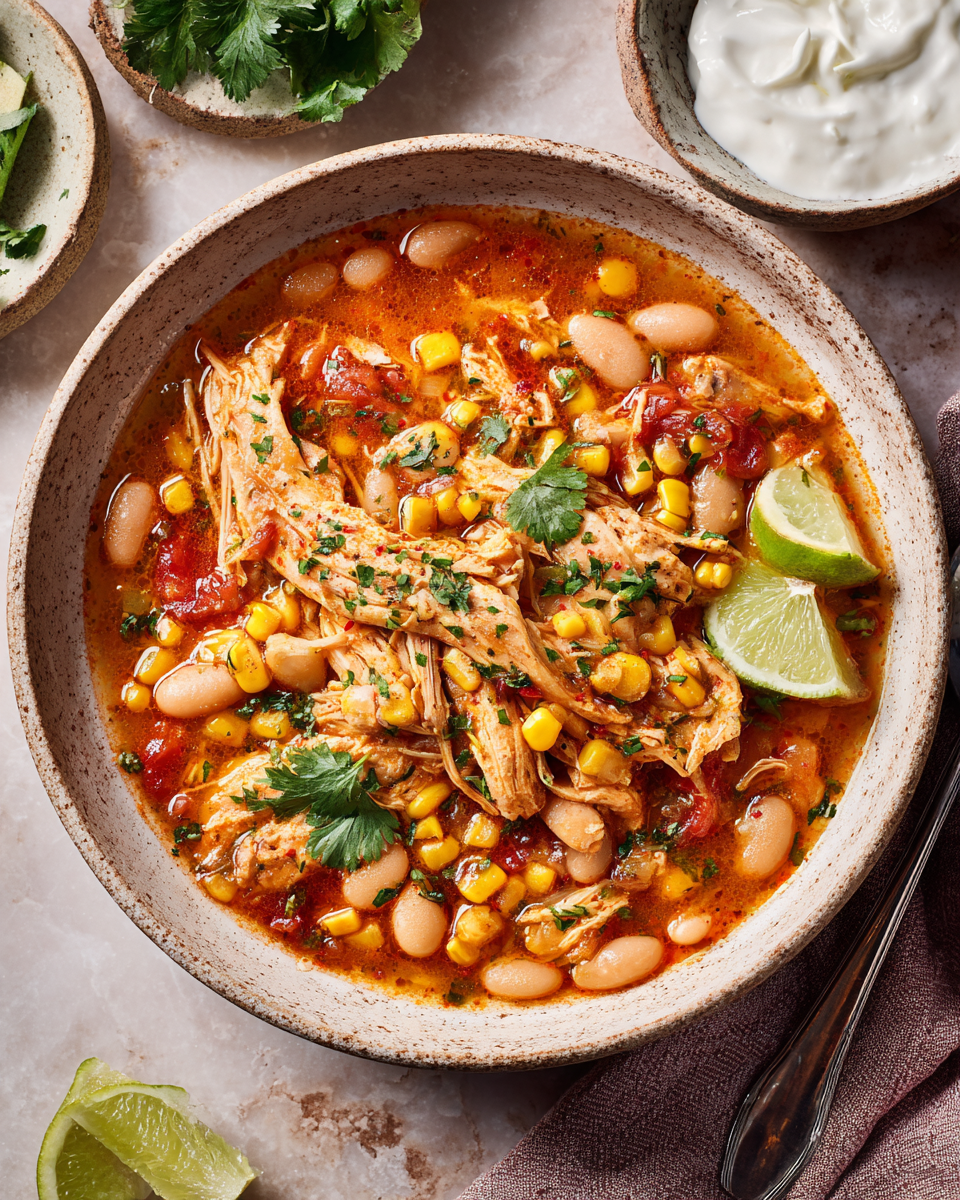 Chili di Pollo e Fagioli Bianchi Riscaldante Chili di pollo e fagioli bianchi in una ciotola, piatto autunnale accogliente e sano
