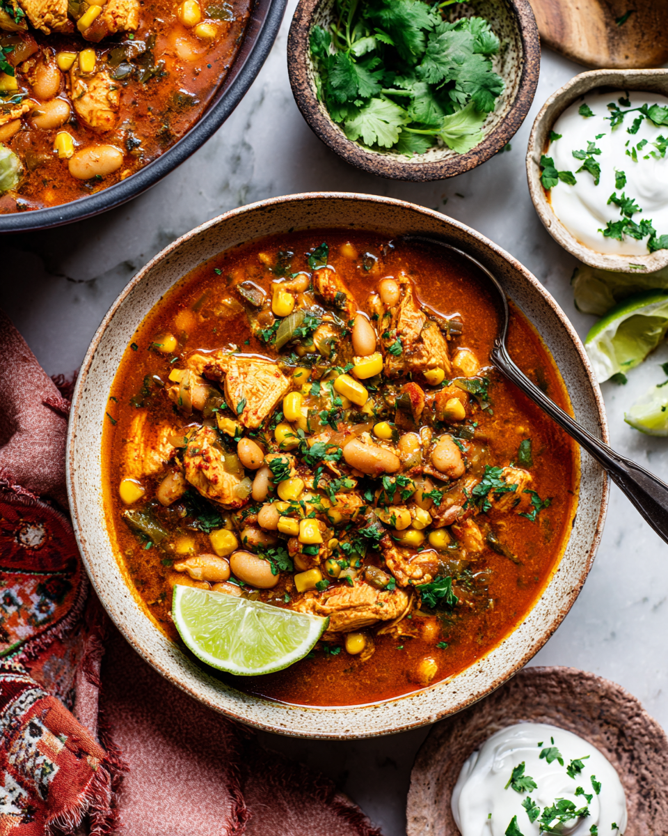 Chili di Pollo e Fagioli Bianchi Riscaldante Chili di pollo e fagioli bianchi in una ciotola, piatto autunnale accogliente e sano