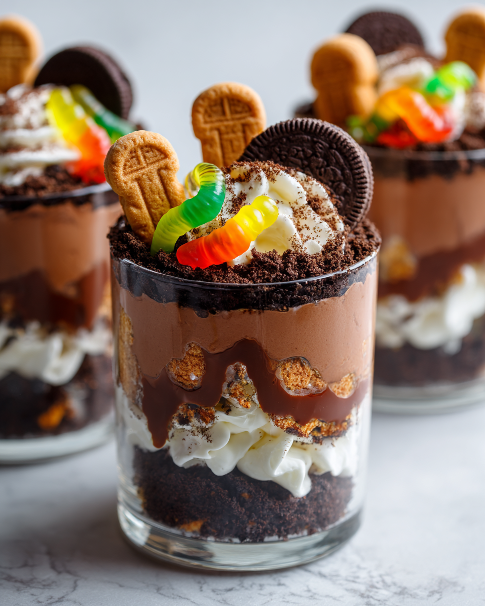 Deliziosi bicchieri di budino per Halloween Bicchieri di budino a tema Halloween con biscotti e vermi gommosi