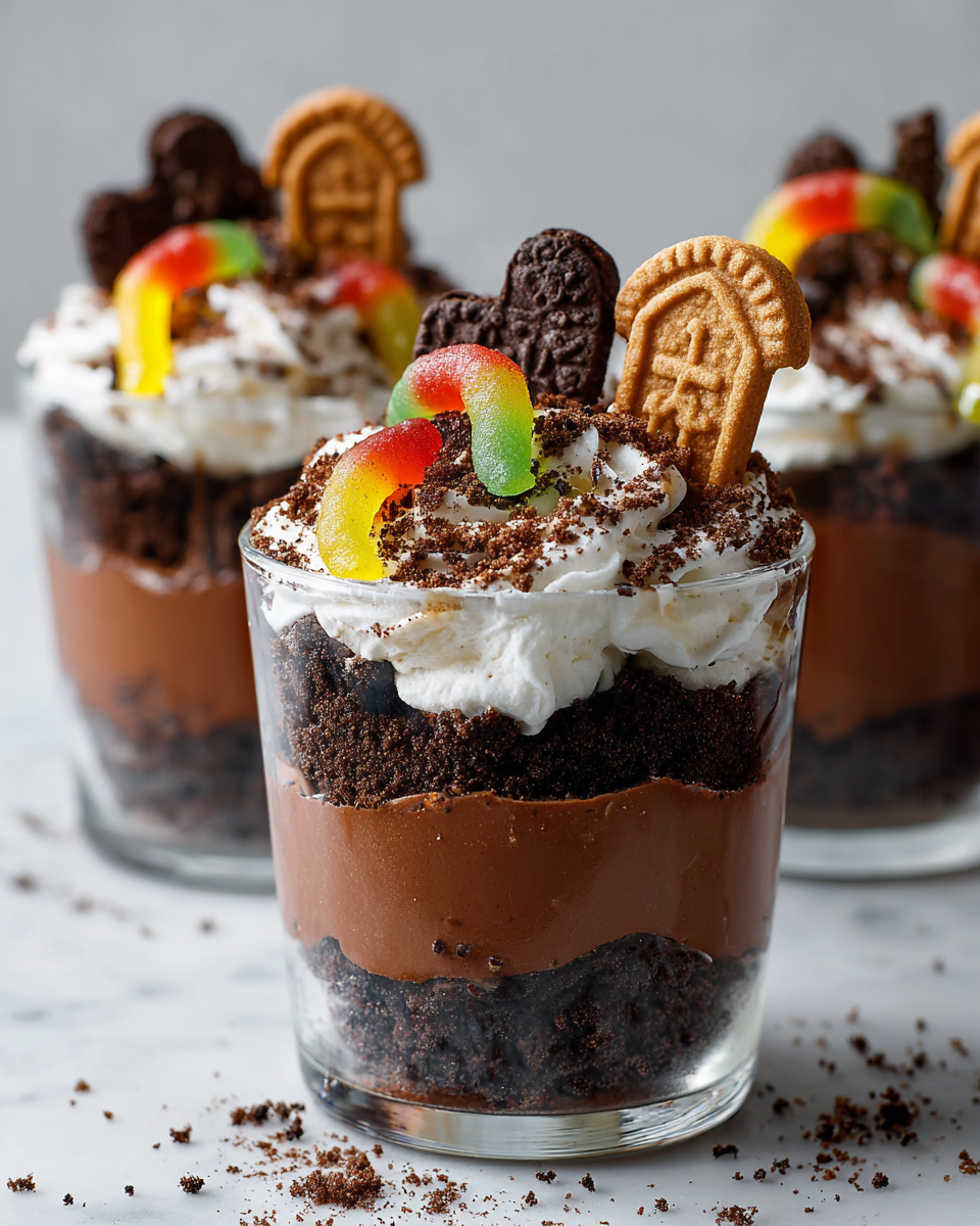 Deliziosi bicchieri di budino per Halloween Bicchieri di budino a tema Halloween con biscotti e vermi gommosi