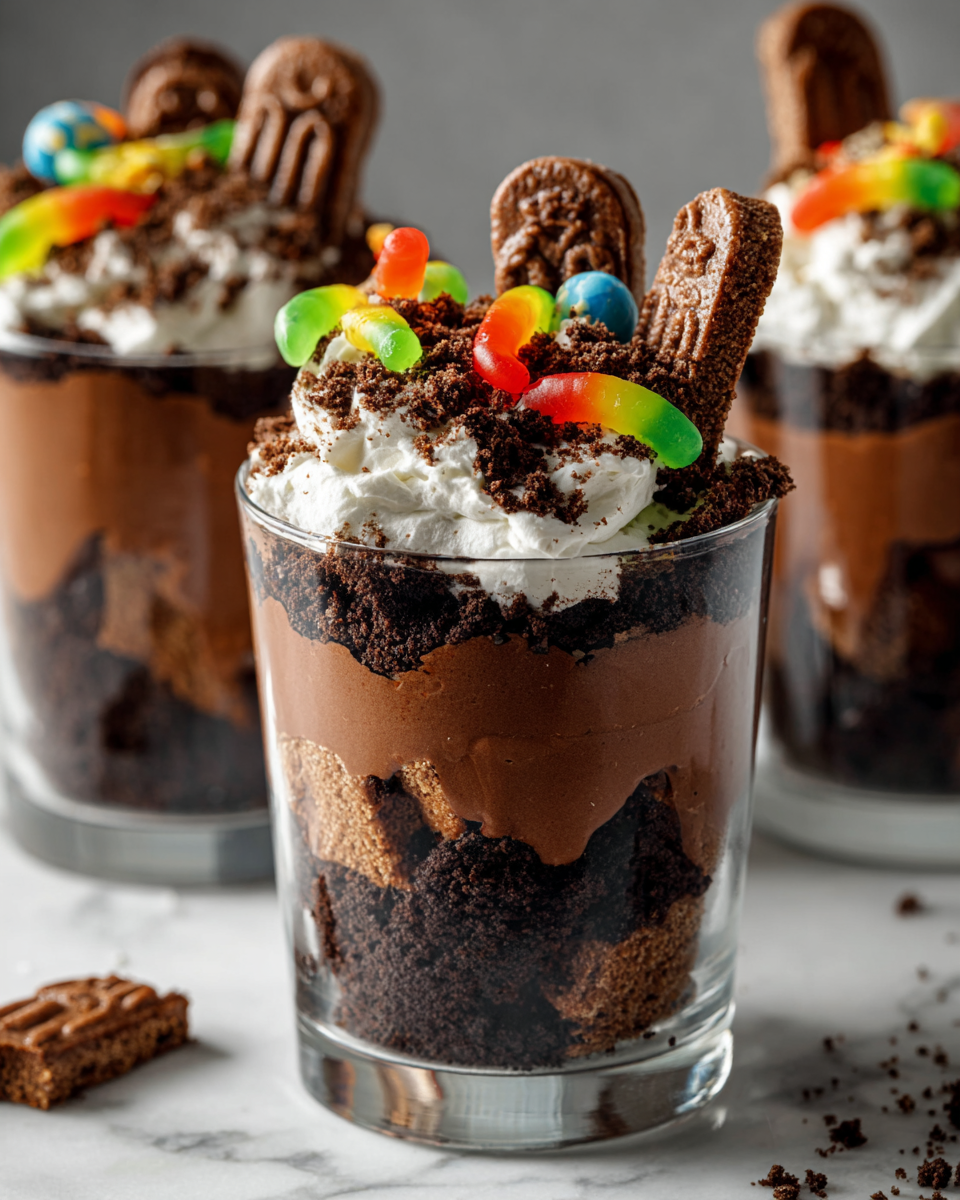 Deliziosi bicchieri di budino per Halloween Bicchieri di budino a tema Halloween con biscotti e vermi gommosi