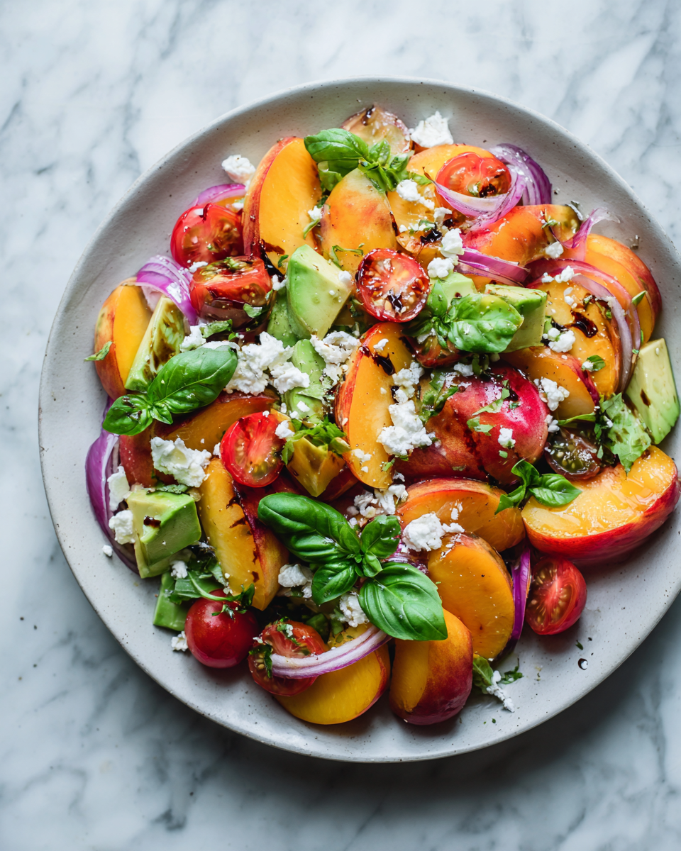 Insalata fresca di pesche e avocado servita in una ciotola, ideale per pasti estivi leggeri.