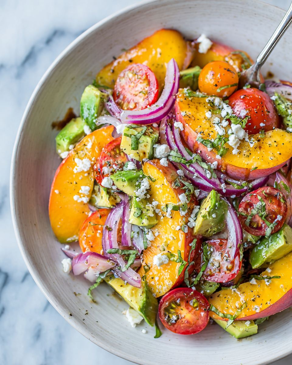 Insalata Fresca di Pesche e Avocado per l'Estate Insalata fresca di pesche e avocado servita in una ciotola, ideale per pasti estivi leggeri.