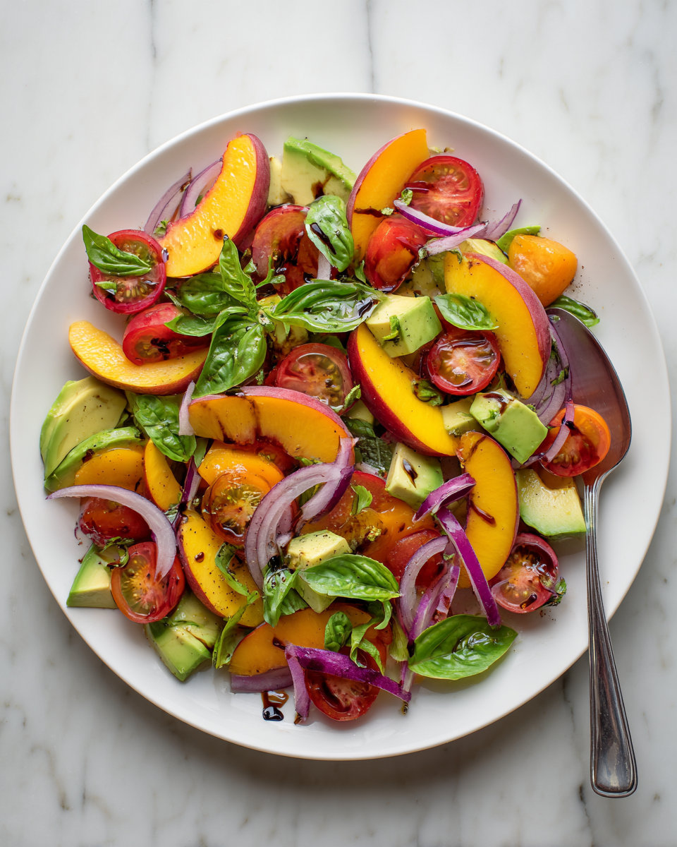 Insalata Fresca di Pesche e Avocado per l'Estate Insalata fresca di pesche e avocado servita in una ciotola, ideale per pasti estivi leggeri.