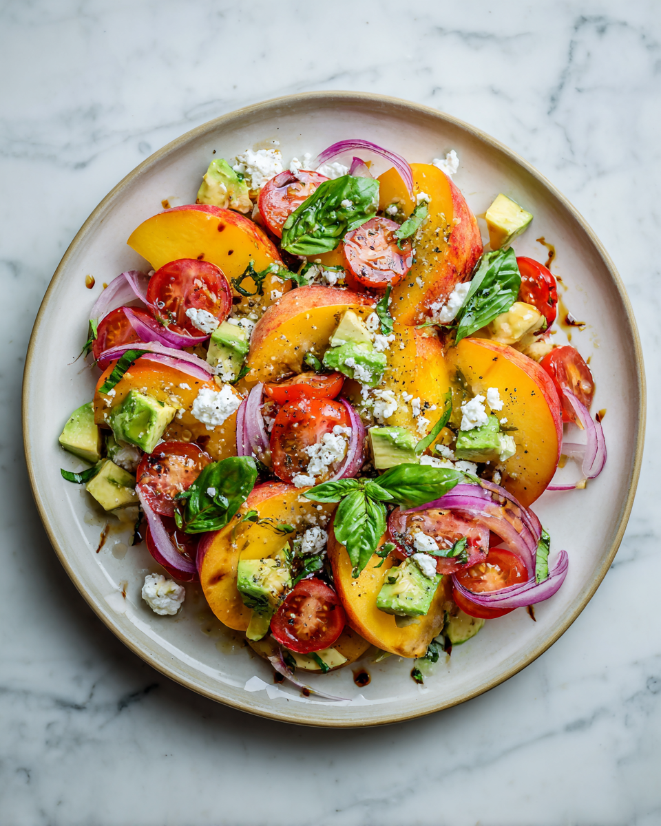 Insalata Fresca di Pesche e Avocado per l'Estate Insalata fresca di pesche e avocado servita in una ciotola, ideale per pasti estivi leggeri.