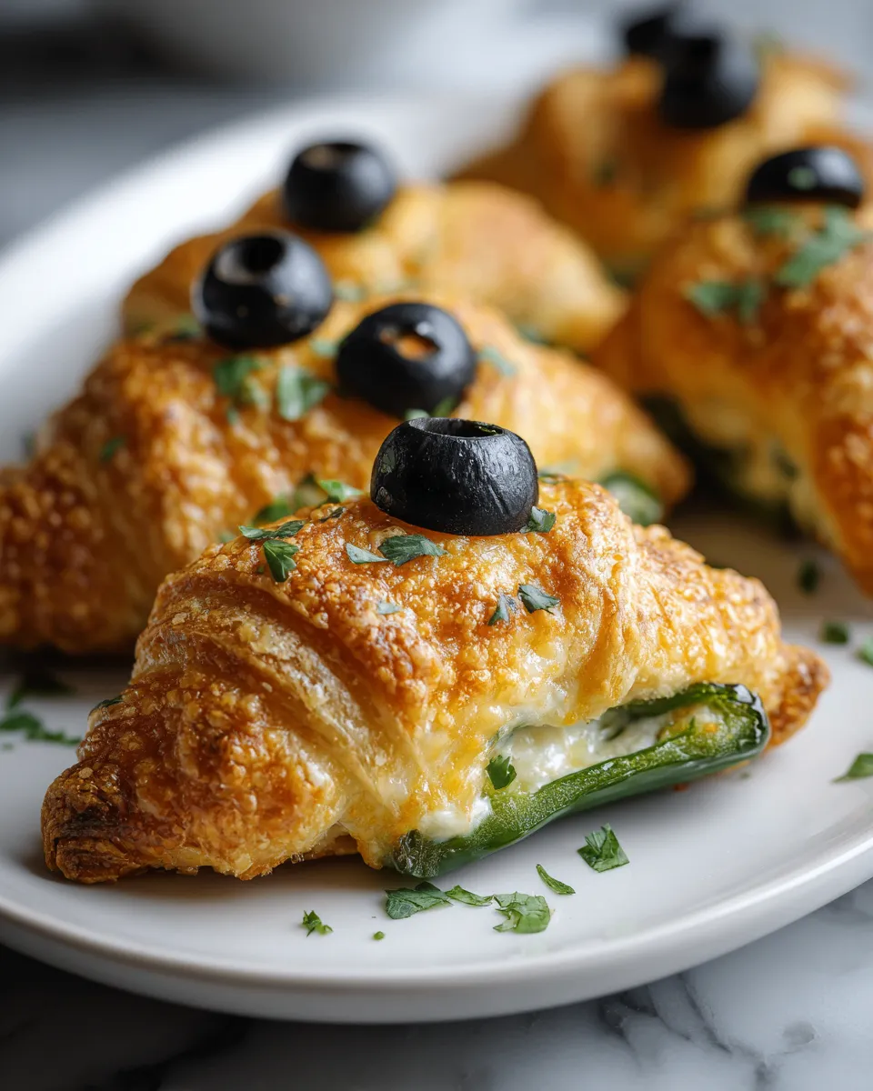 Deliziosi Mummy Jalapeño Poppers per Halloween Mummy Jalapeño Poppers croccanti e piccanti, perfetti per Halloween, ripieni di formaggio cremoso e avvolti in pasta crescent.