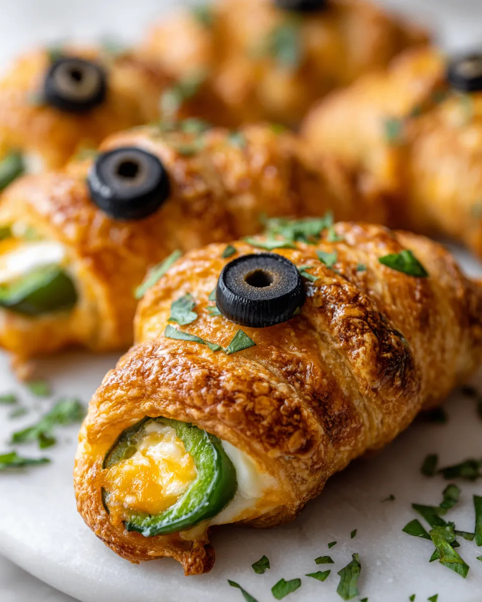 Deliziosi Mummy Jalapeño Poppers per Halloween Mummy Jalapeño Poppers croccanti e piccanti, perfetti per Halloween, ripieni di formaggio cremoso e avvolti in pasta crescent.