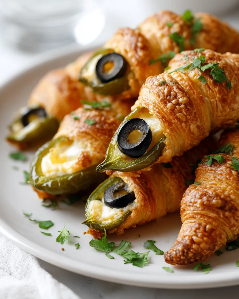 Deliziosi Mummy Jalapeño Poppers per Halloween Mummy Jalapeño Poppers croccanti e piccanti, perfetti per Halloween, ripieni di formaggio cremoso e avvolti in pasta crescent.