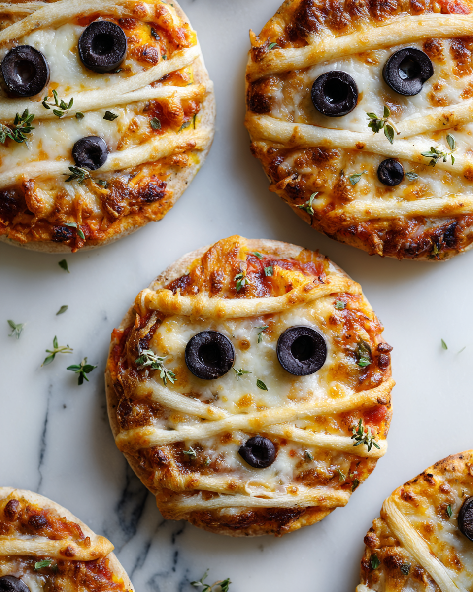 Deliziose Mummy Pizzas per Halloween Mummy Pizzas spaventose e gustose, ricetta festiva per Halloween, divertenti da preparare e deliziose da gustare.