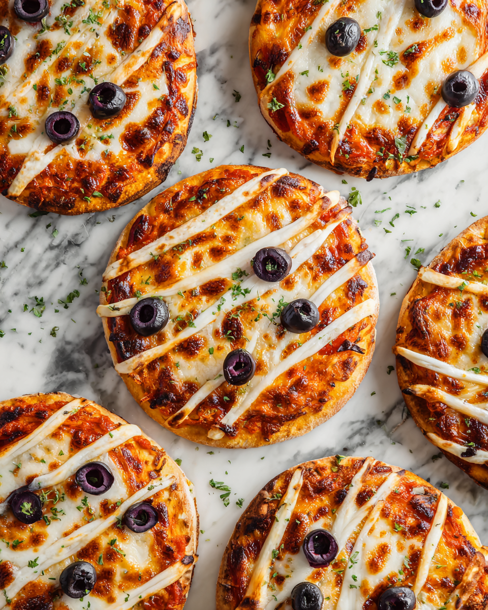 Deliziose Mummy Pizzas per Halloween Mummy Pizzas spaventose e gustose, ricetta festiva per Halloween, divertenti da preparare e deliziose da gustare.