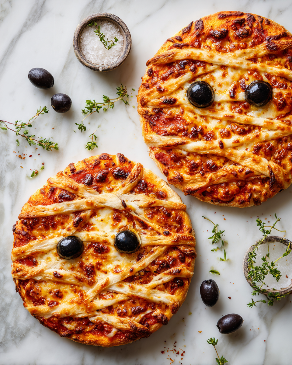 Deliziose Mummy Pizzas per Halloween Mummy Pizzas spaventose e gustose, ricetta festiva per Halloween, divertenti da preparare e deliziose da gustare.