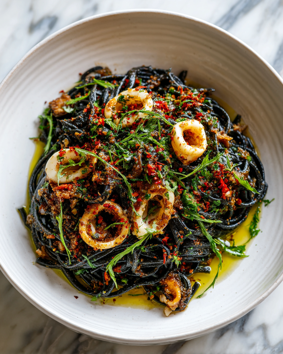 Pasta all'inchiostro di seppia servita con prezzemolo fresco, un piatto tradizionale siciliano ricco di sapore e colore.