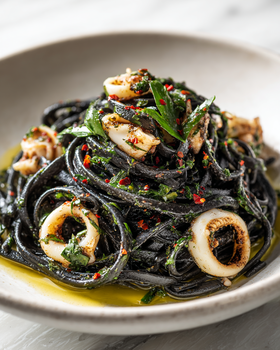 Scopri la Pasta all'Inchiostro di Seppia Pasta all'inchiostro di seppia servita con prezzemolo fresco, un piatto tradizionale siciliano ricco di sapore e colore.