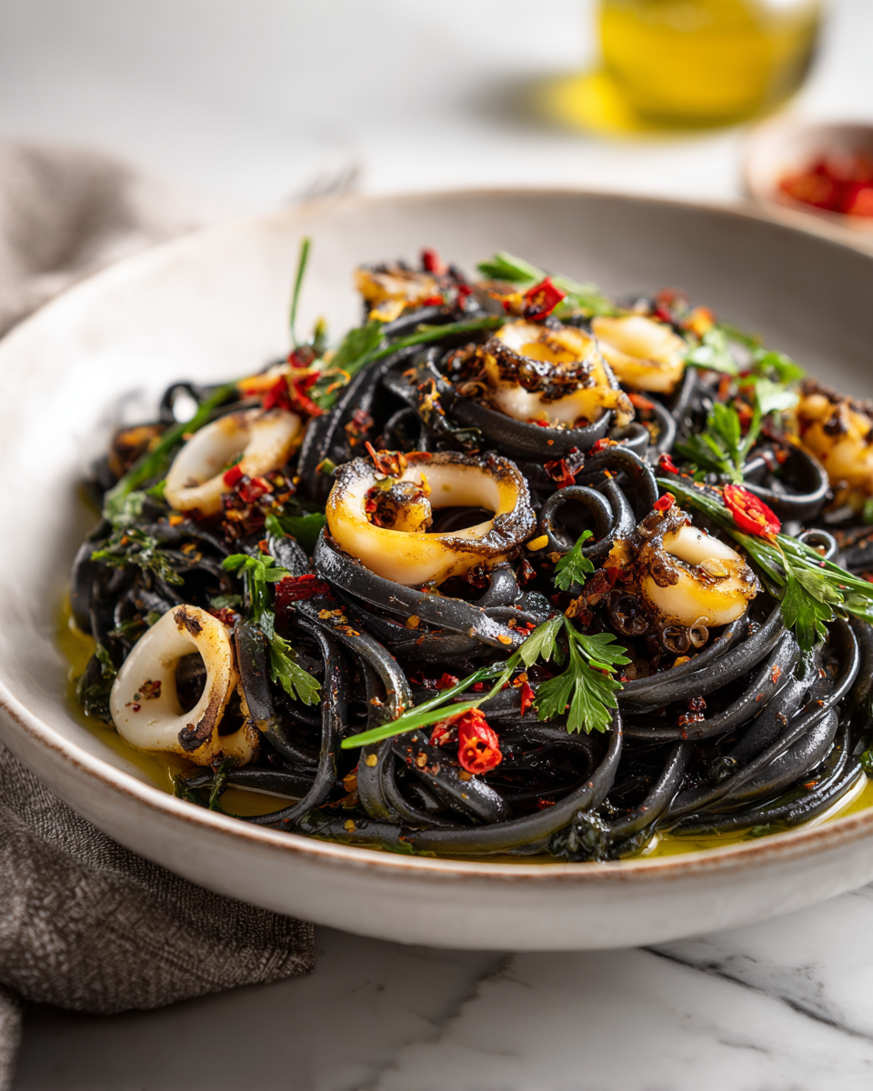 Scopri la Pasta all'Inchiostro di Seppia Pasta all'inchiostro di seppia servita con prezzemolo fresco, un piatto tradizionale siciliano ricco di sapore e colore.
