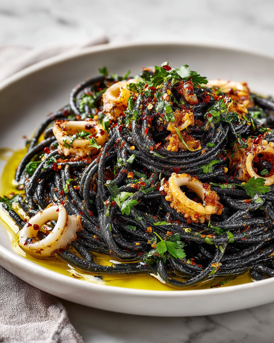 Scopri la Pasta all'Inchiostro di Seppia Pasta all'inchiostro di seppia servita con prezzemolo fresco, un piatto tradizionale siciliano ricco di sapore e colore.