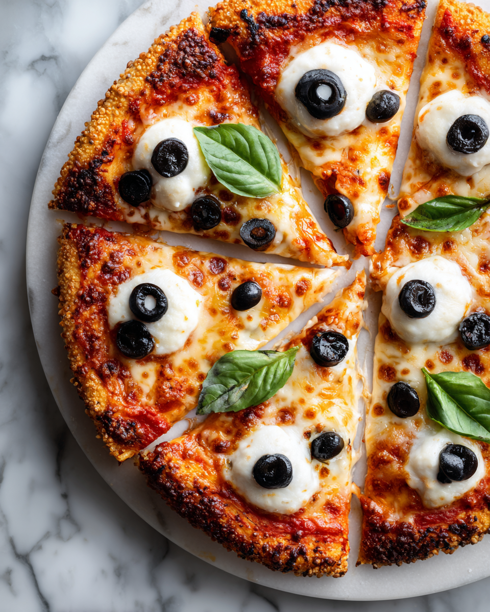 Pizza Occhio di Mostro per Halloween Pizza Occhio di Mostro con mozzarella e salsiccia italiana, ideale per Halloween