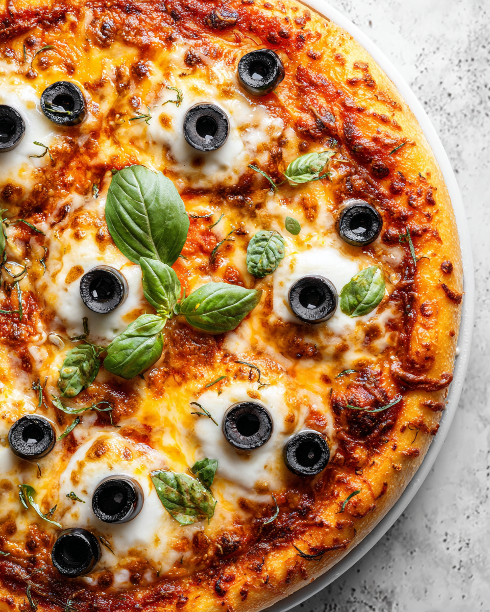 Pizza Occhio di Mostro per Halloween Pizza Occhio di Mostro con mozzarella e salsiccia italiana, ideale per Halloween