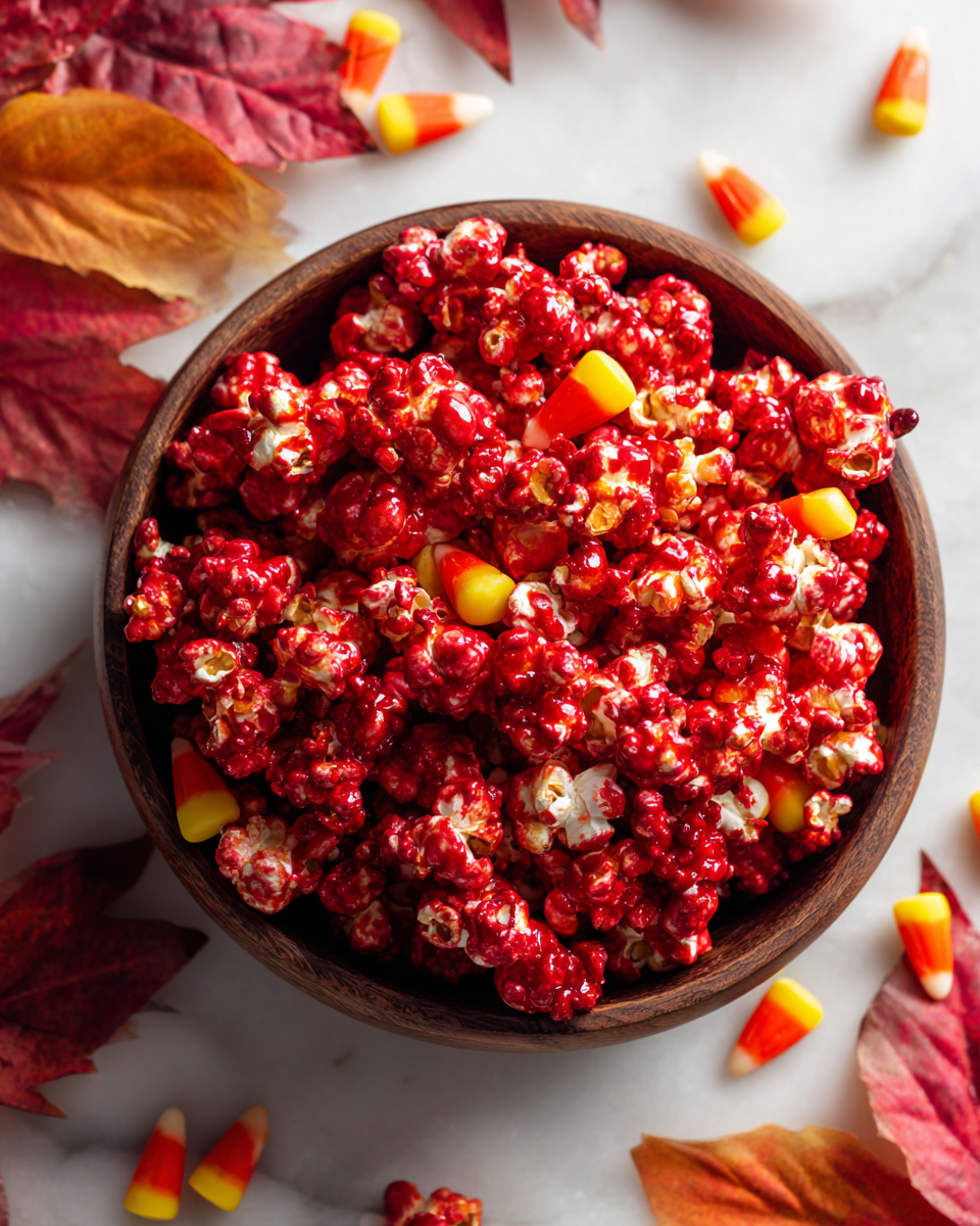 Popcorn Caramellato Rosso per Festività Autunnali Popcorn caramellato rosso decorato per feste autunnali e Halloween