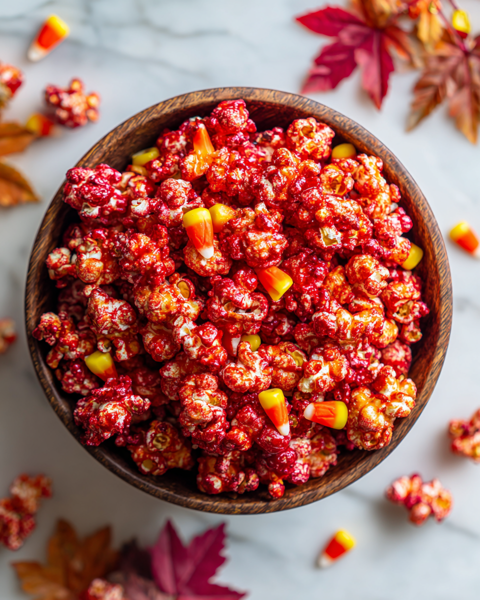 Popcorn Caramellato Rosso per Festività Autunnali Popcorn caramellato rosso decorato per feste autunnali e Halloween