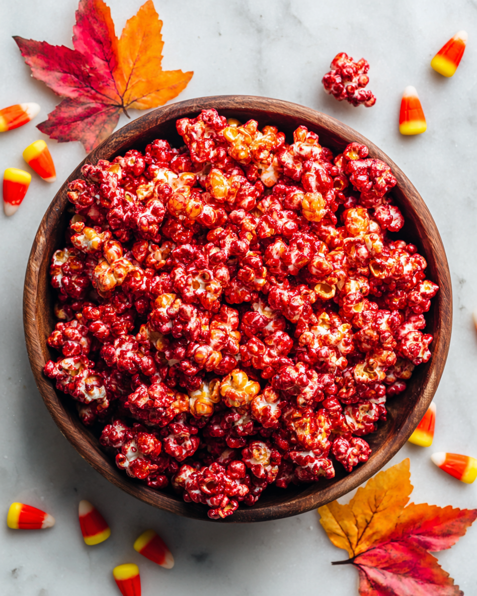 Popcorn Caramellato Rosso per Festività Autunnali Popcorn caramellato rosso decorato per feste autunnali e Halloween