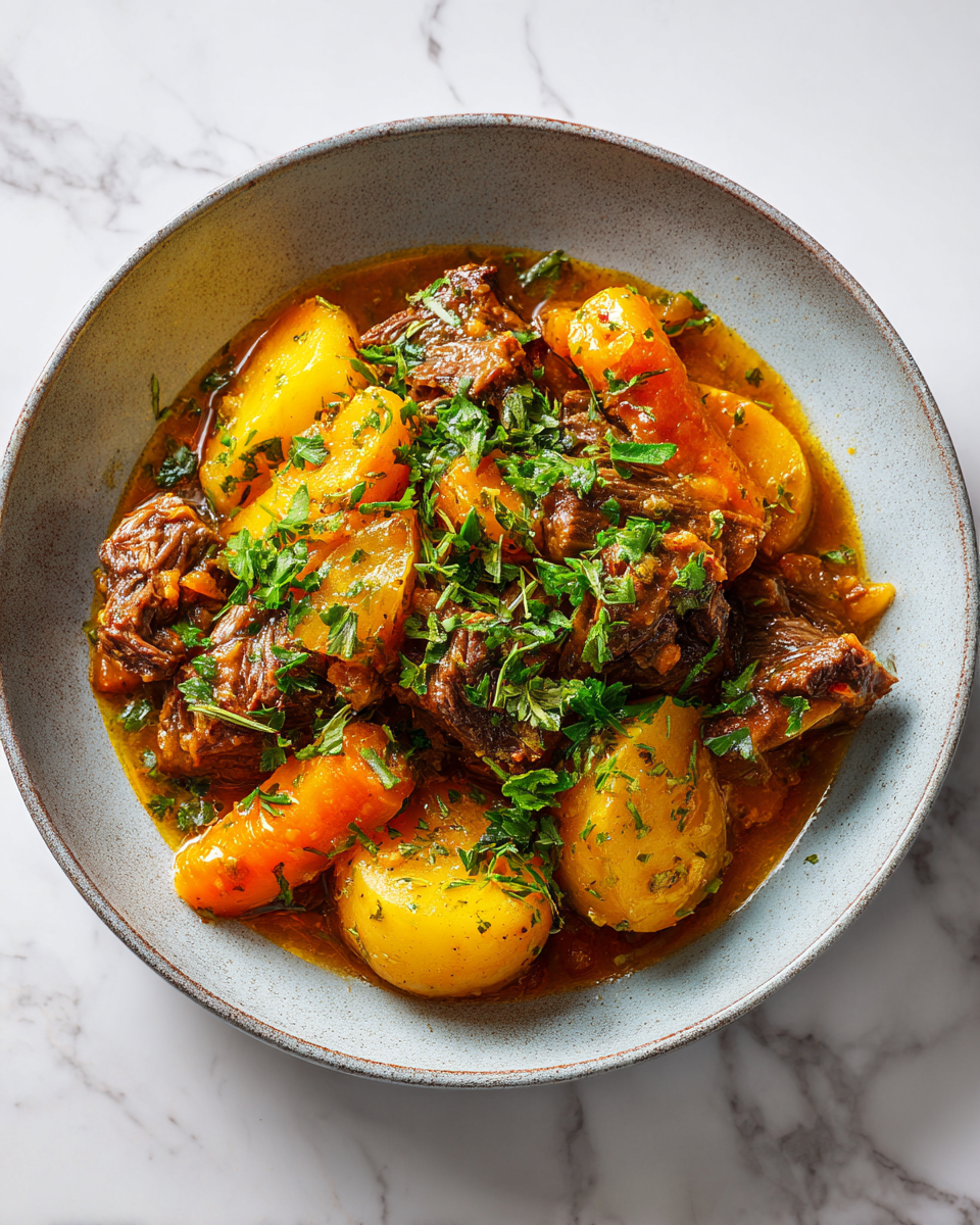 Delizioso Stufato di Manzo all'Instant Pot Stufato di manzo all'Instant Pot con verdure fresche, piatto autunnale ricco di sapori italiani.