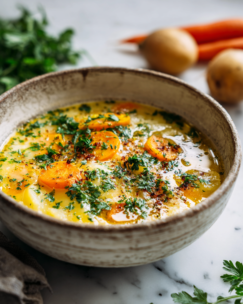 Zuppa di Patate Autunnale: Comfort in Tavola Zuppa di patate autunnale cremosa e nutriente, ideale per riscaldarsi nelle fredde serate di autunno.