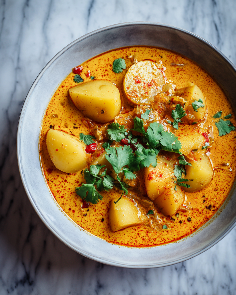 Zuppa di Patate al Curry Tailandese da 45 Minuti Zuppa di patate al curry tailandese, un piatto ricco e confortevole, ideale per l'autunno, con latte di cocco e spezie profumate.