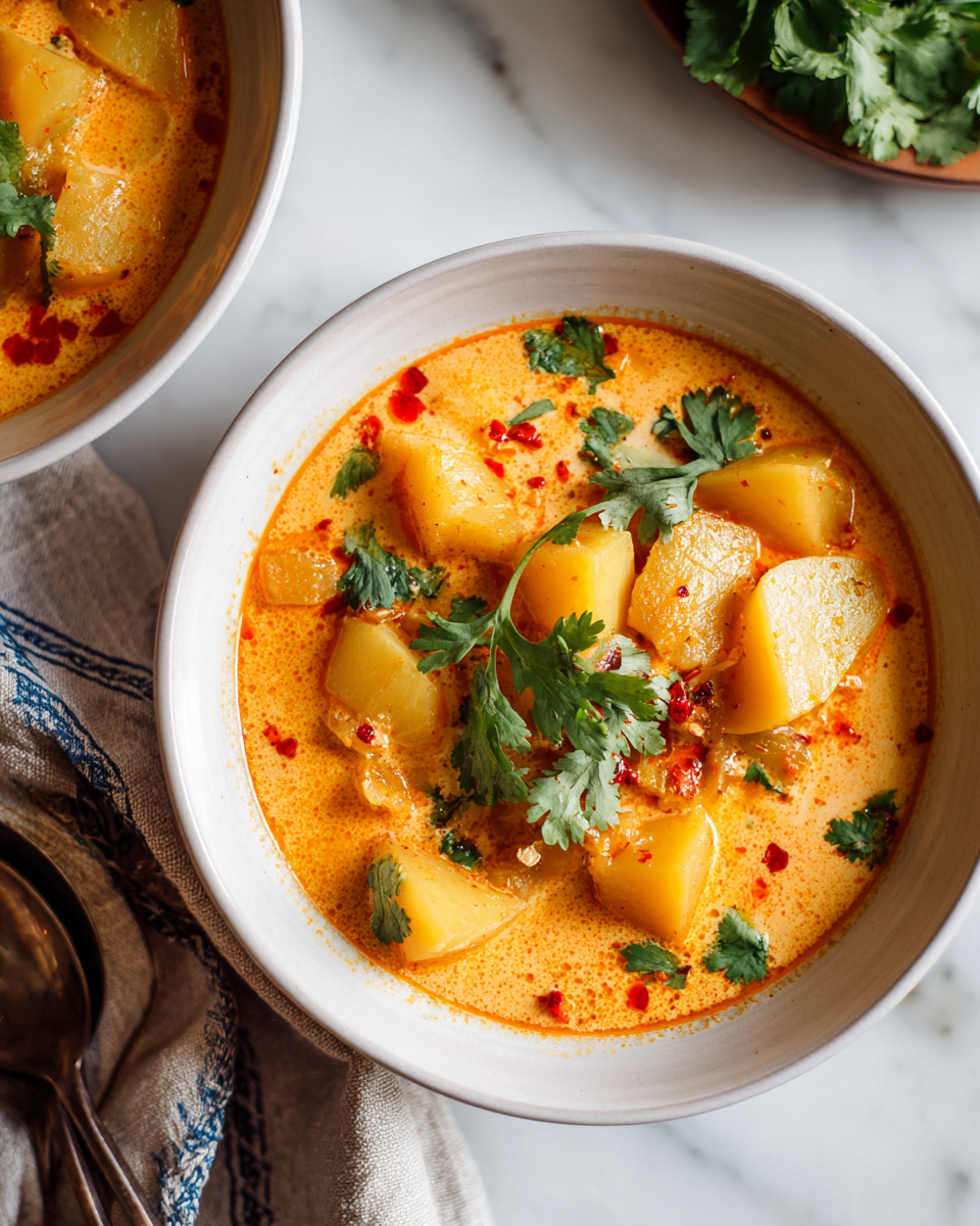 Zuppa di Patate al Curry Tailandese da 45 Minuti Zuppa di patate al curry tailandese, un piatto ricco e confortevole, ideale per l'autunno, con latte di cocco e spezie profumate.