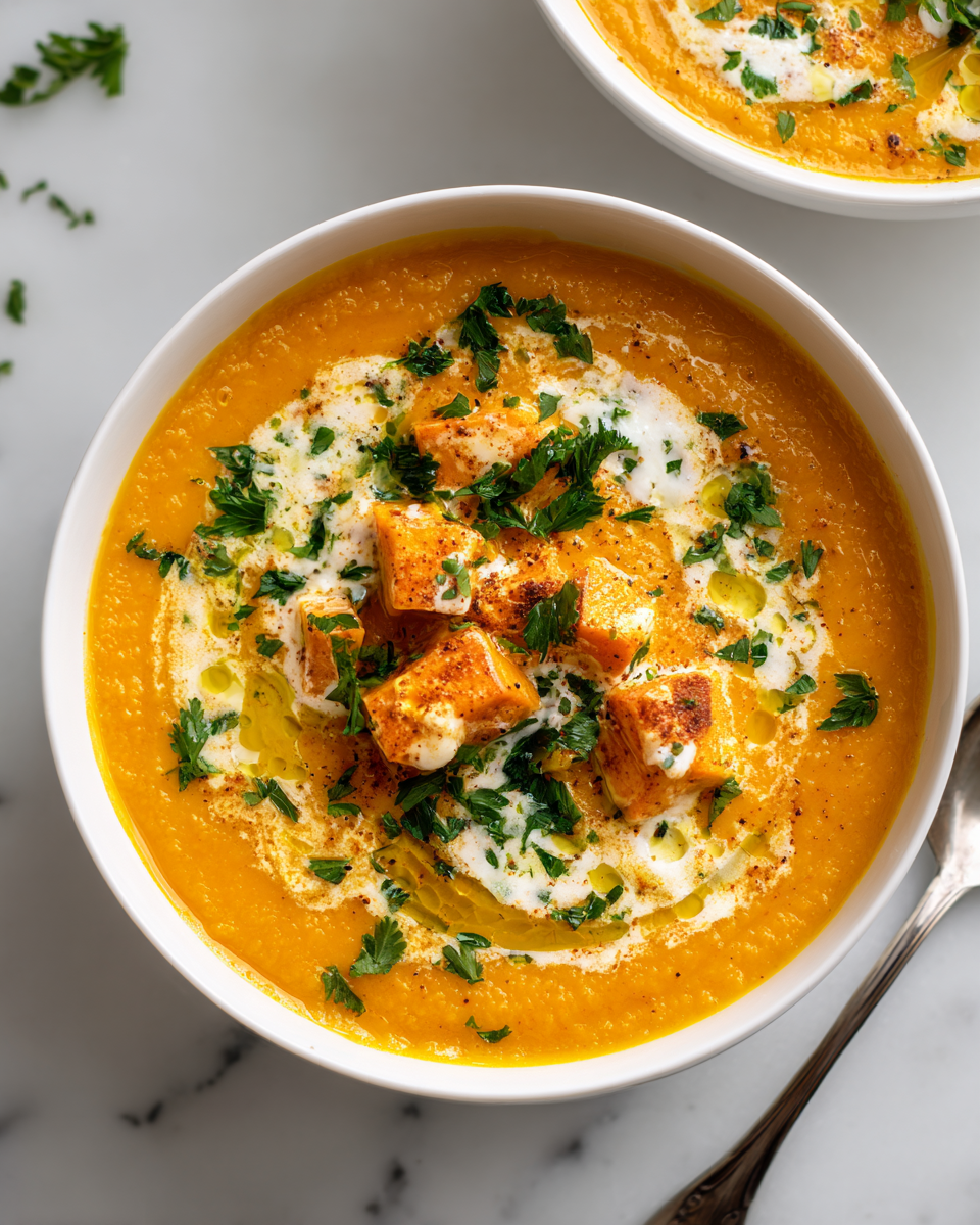 Zuppa cremosa di patate dolci, calda e confortante, ideale per l'autunno.