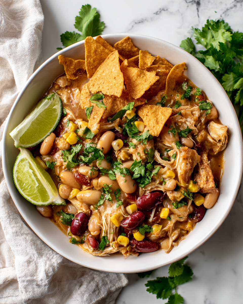 Deliziosi Burrito Bowl con Chili Bianco di Pollo Burrito bowl con chili bianco di pollo, un piatto autunnale ricco di sapori.