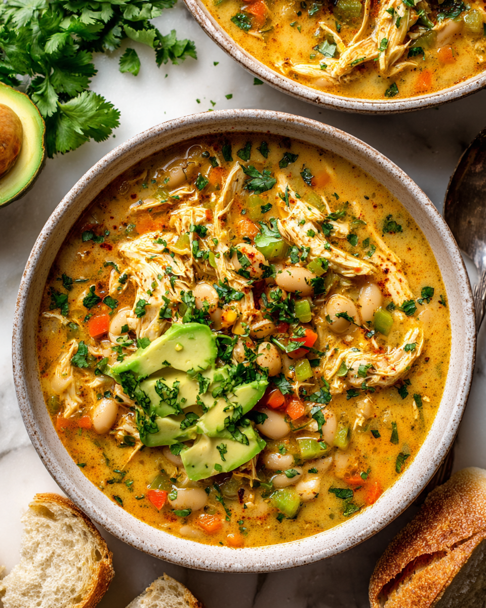 Delizioso Chili di Pollo Bianco Cajun per le Serate Autunnali Chili di pollo bianco cajun: un piatto autunnale ricco e confortante con pollo e spezie cajun.