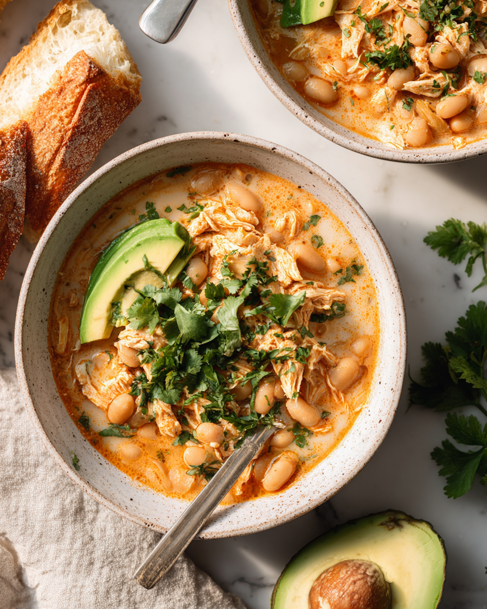 Delizioso Chili di Pollo Bianco Cajun per le Serate Autunnali Chili di pollo bianco cajun: un piatto autunnale ricco e confortante con pollo e spezie cajun.