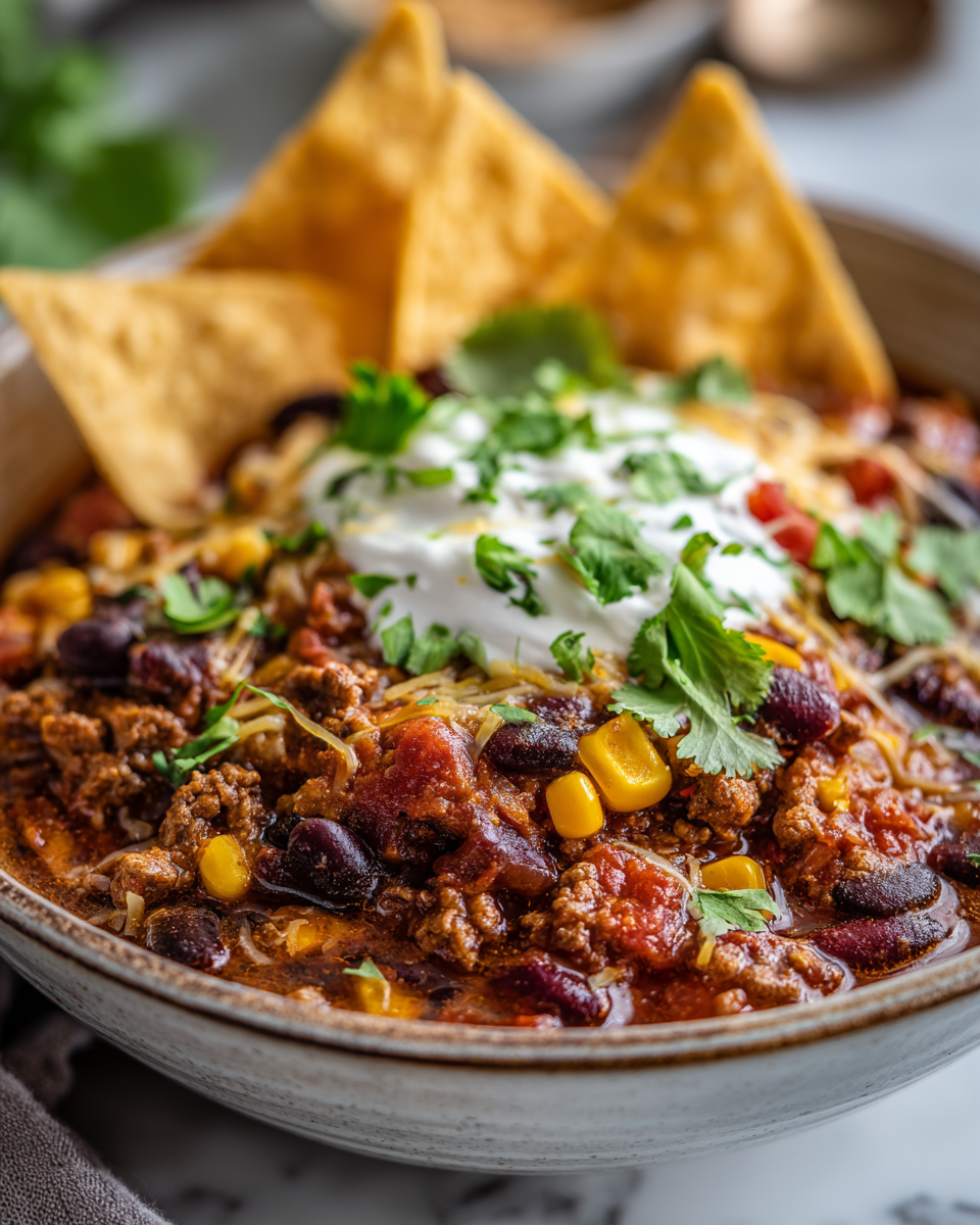 Chili Delizioso in Stile Sud-Ovest Chili in stile sud-ovest con carne, fagioli e spezie - ricetta confortante