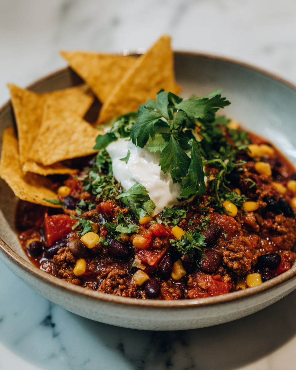 Chili Delizioso in Stile Sud-Ovest Chili in stile sud-ovest con carne, fagioli e spezie - ricetta confortante