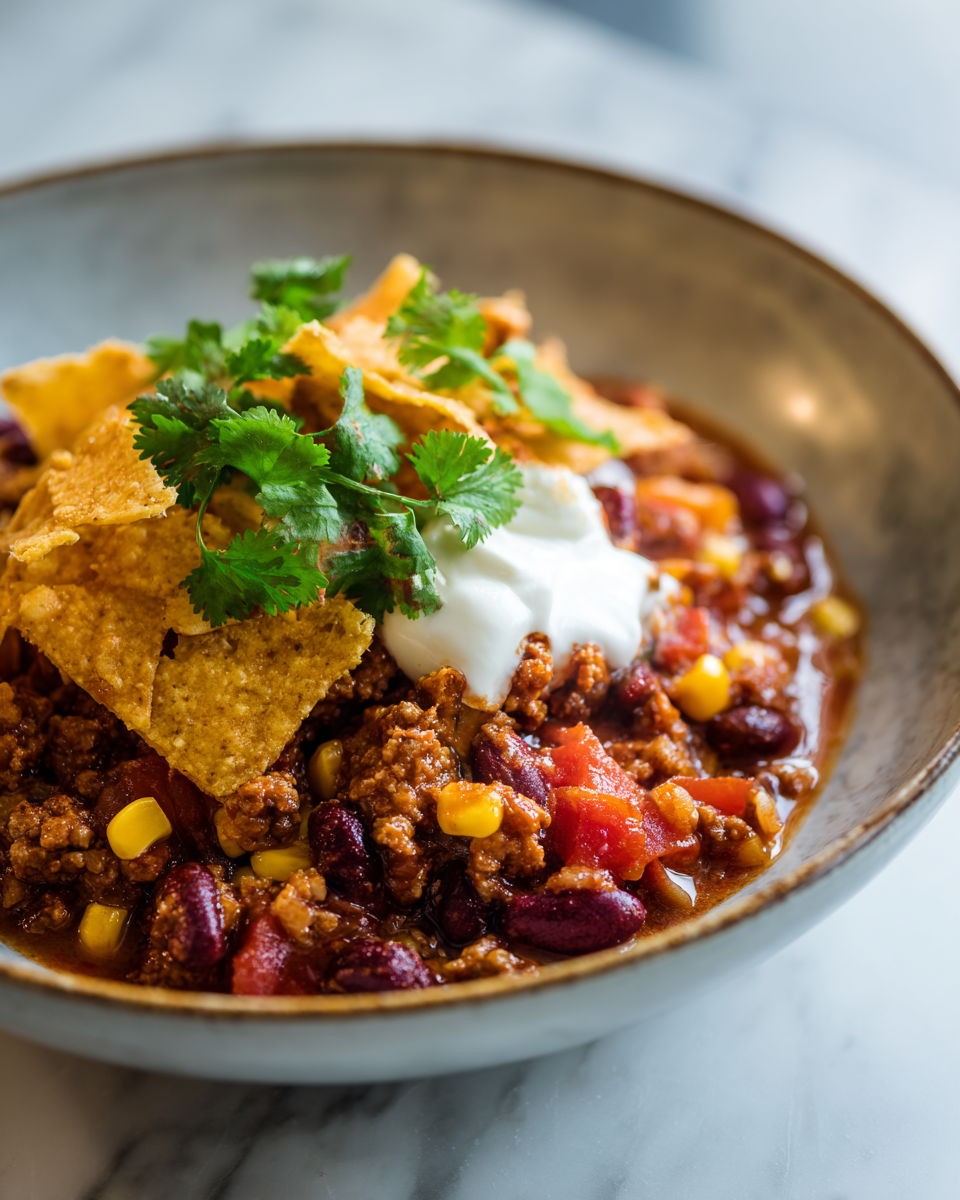 Chili Delizioso in Stile Sud-Ovest Chili in stile sud-ovest con carne, fagioli e spezie - ricetta confortante