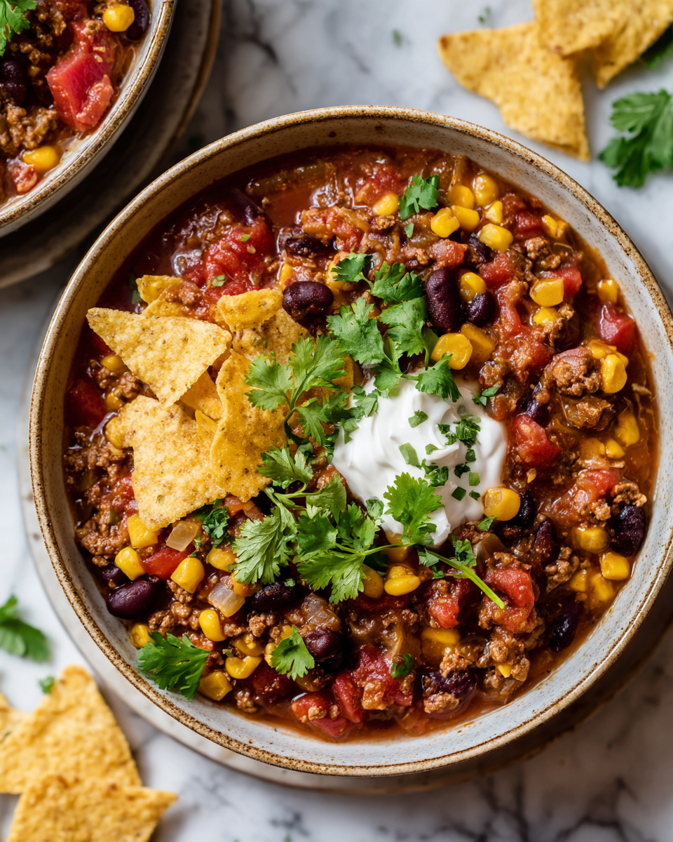 Chili Delizioso in Stile Sud-Ovest Chili in stile sud-ovest con carne, fagioli e spezie - ricetta confortante