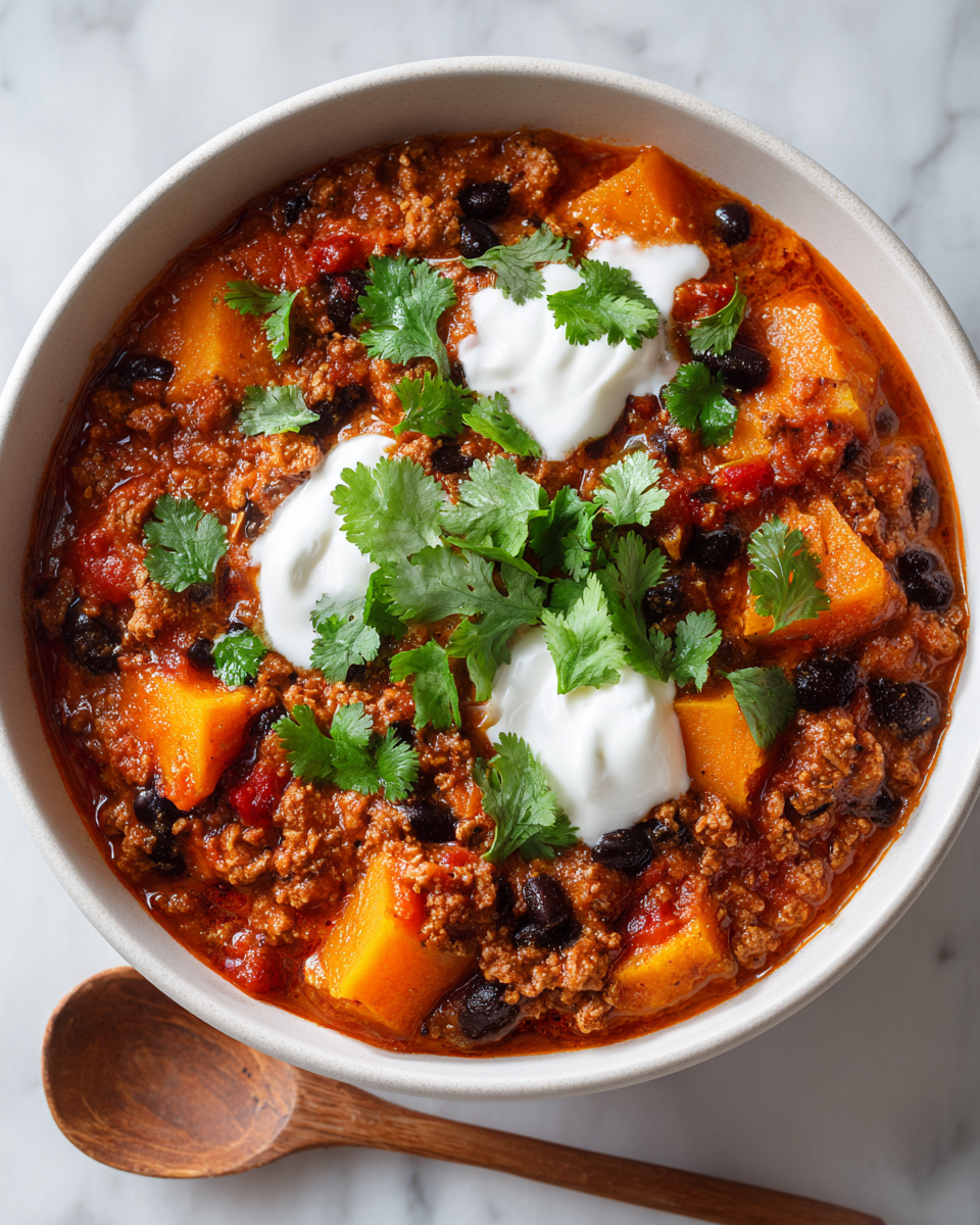 Chili di Tacchino e Zucca: Un Piatto Autunnale Saporito Chili di Tacchino e Zucca caldo in ciotola, ideale per l'autunno