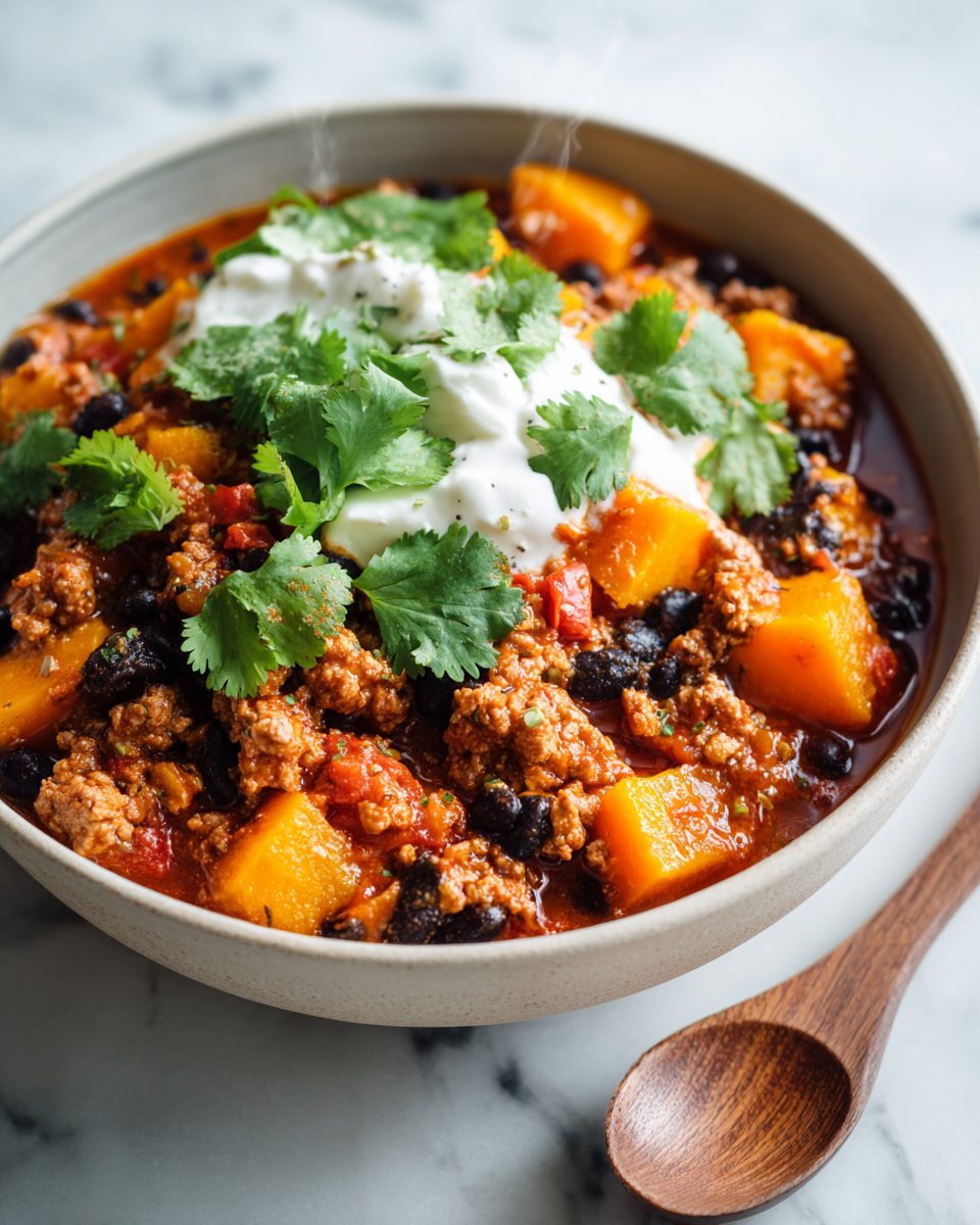 Chili di Tacchino e Zucca: Un Piatto Autunnale Saporito Chili di Tacchino e Zucca caldo in ciotola, ideale per l'autunno