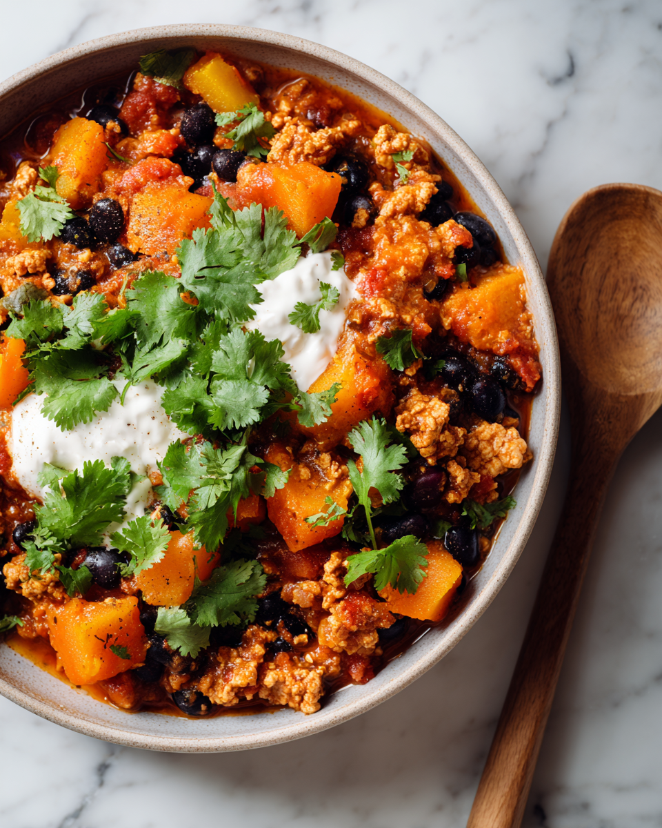 Chili di Tacchino e Zucca: Un Piatto Autunnale Saporito Chili di Tacchino e Zucca caldo in ciotola, ideale per l'autunno